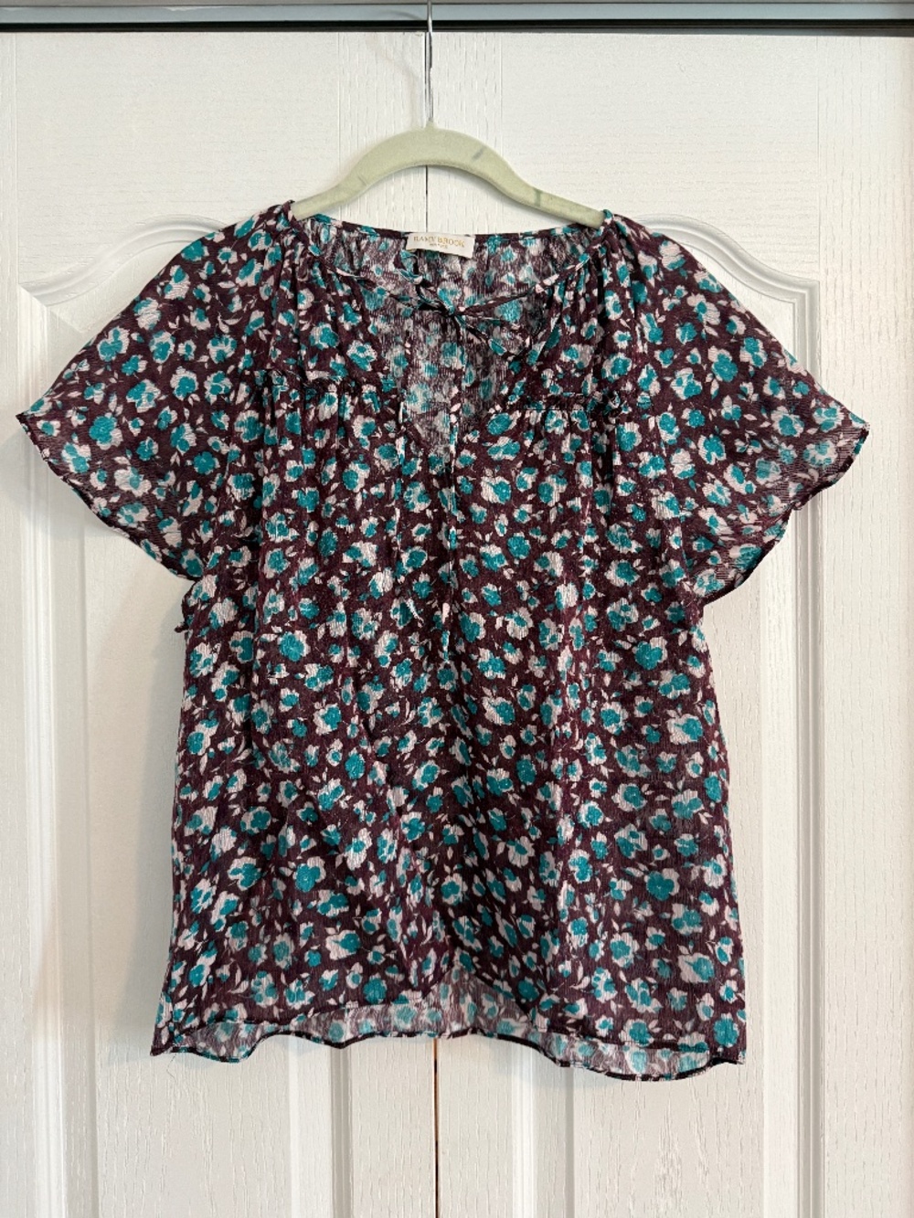 Ramy Brook Silk Floral Metallic Blouse Size M Flutter Sleeve